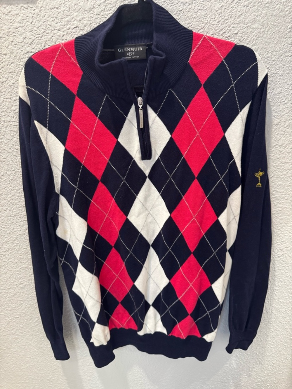 Men's Navy Red White Argyle Half-Zip Sweater
